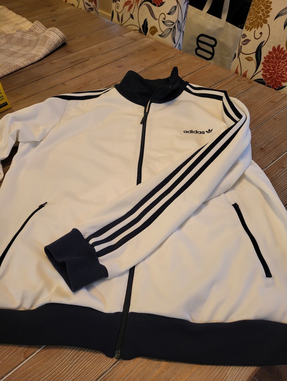 adidas White Track Jacket with Navy Three-Stripe Detail